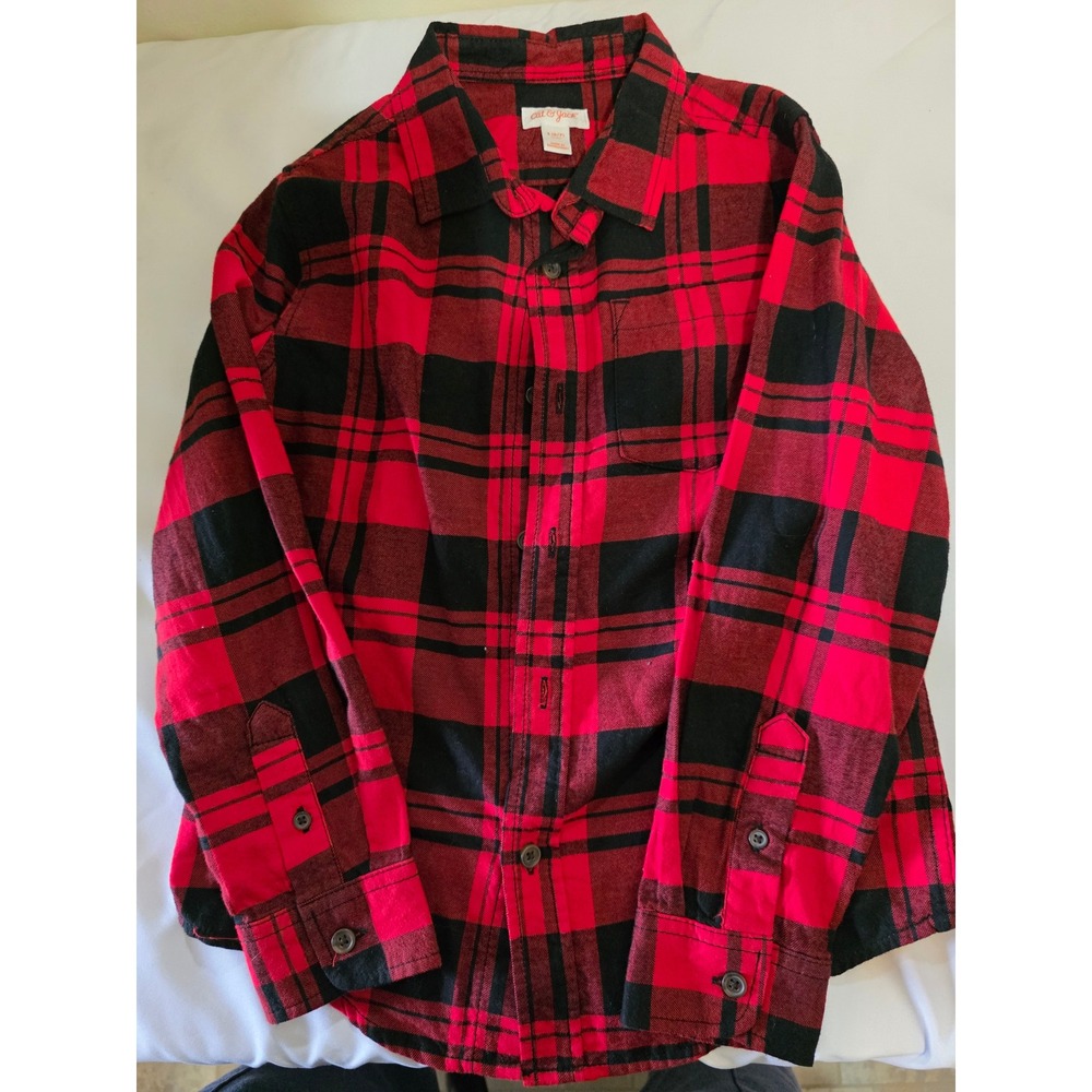 Cat & Jack Boys Red Black Buffalo Plaid Flannel Shirt Long Sleeve Size S 6/7